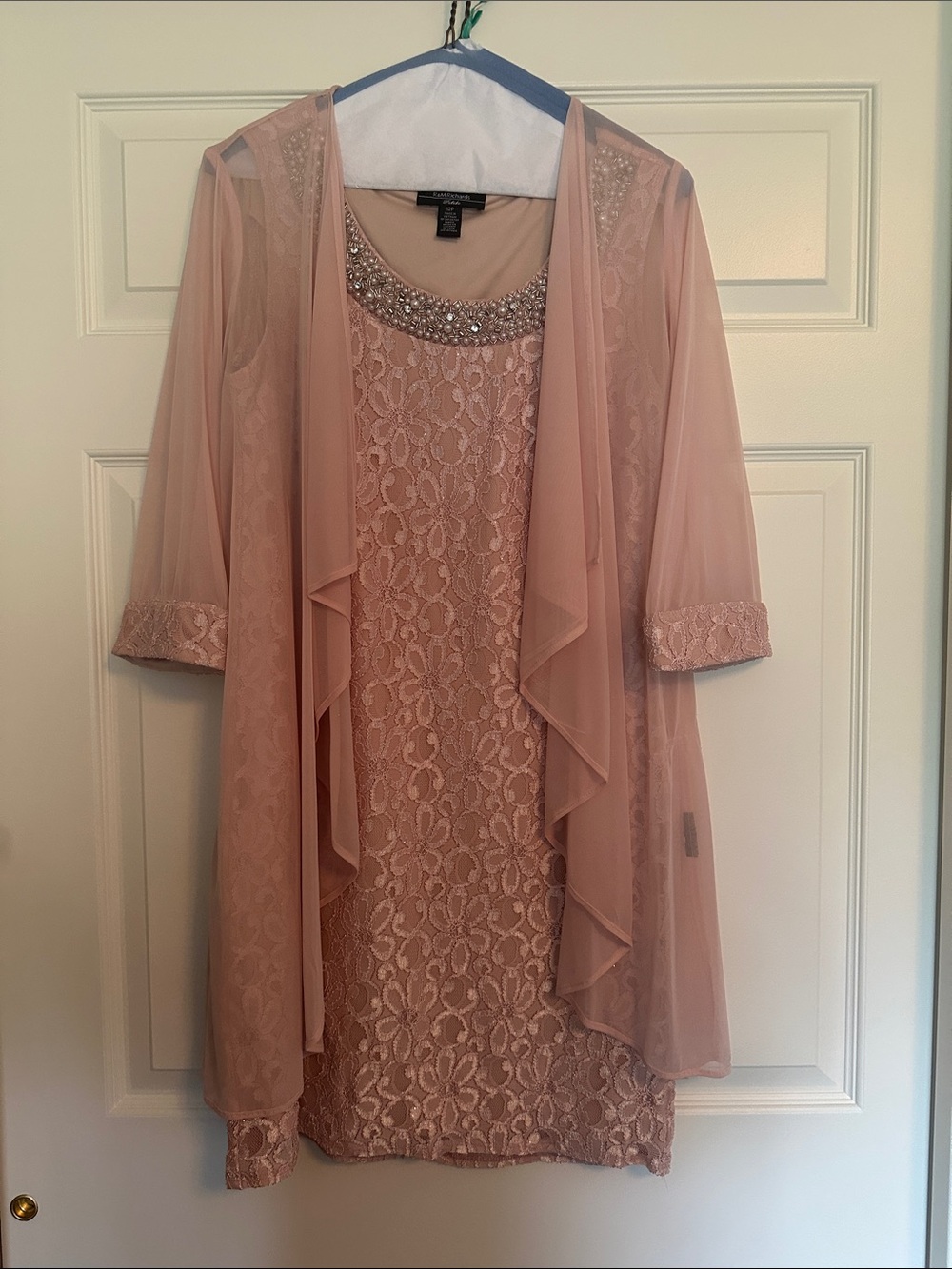 R & M Richards Blush Pink Lace & Beaded Mini Dress with Sheer Jacket